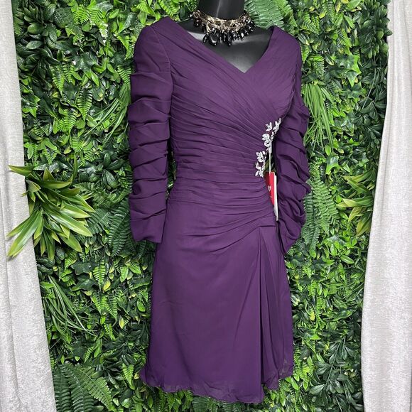 JJ's House Women Dress 6 Purple Formal Short Pleated Stoned Wedding 1658 - Picture 7 of 14